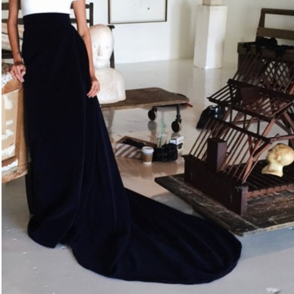 Chris Barrett Textiles, Custom Blue Velvet Skirt with Train, Size 0
